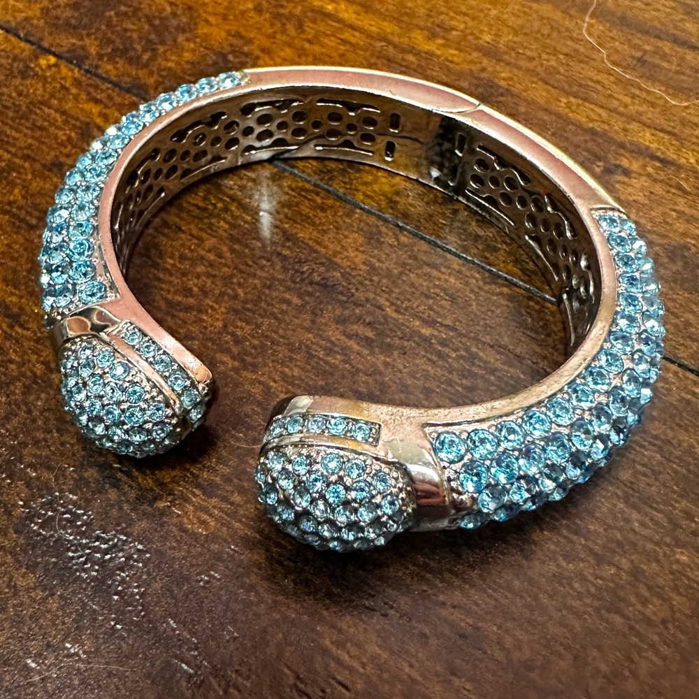 Joan Boyce light blue crystal hinged bangle bracelets on silver tone hardware